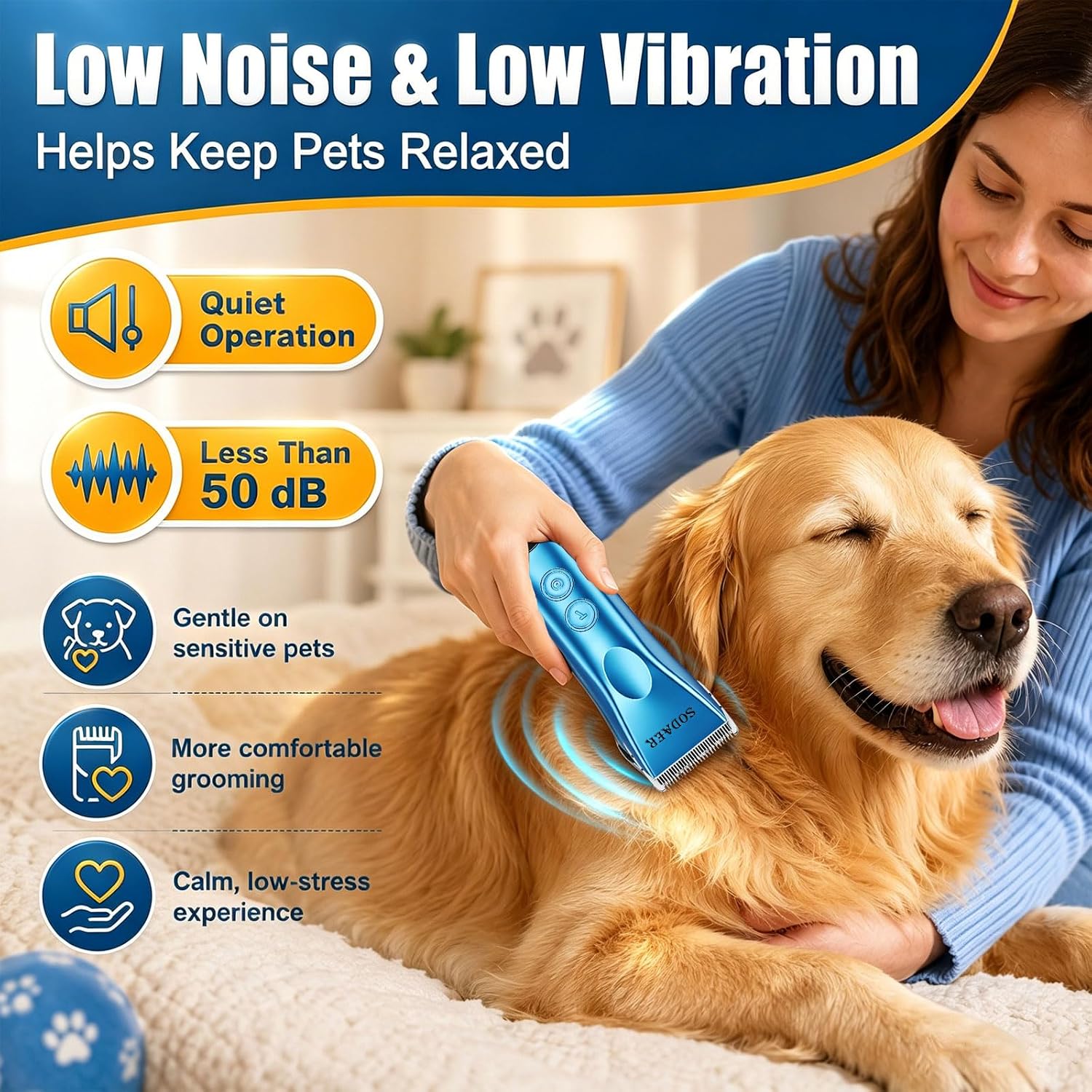 Professional Dog Grooming Clippers, Cordless Pet Hair Clipper | with Guide Combs & Replaceable Blades, Rechargeable Low Noise Dog Hair Trimmer for Horse ,with Storage Tool Box,Blue