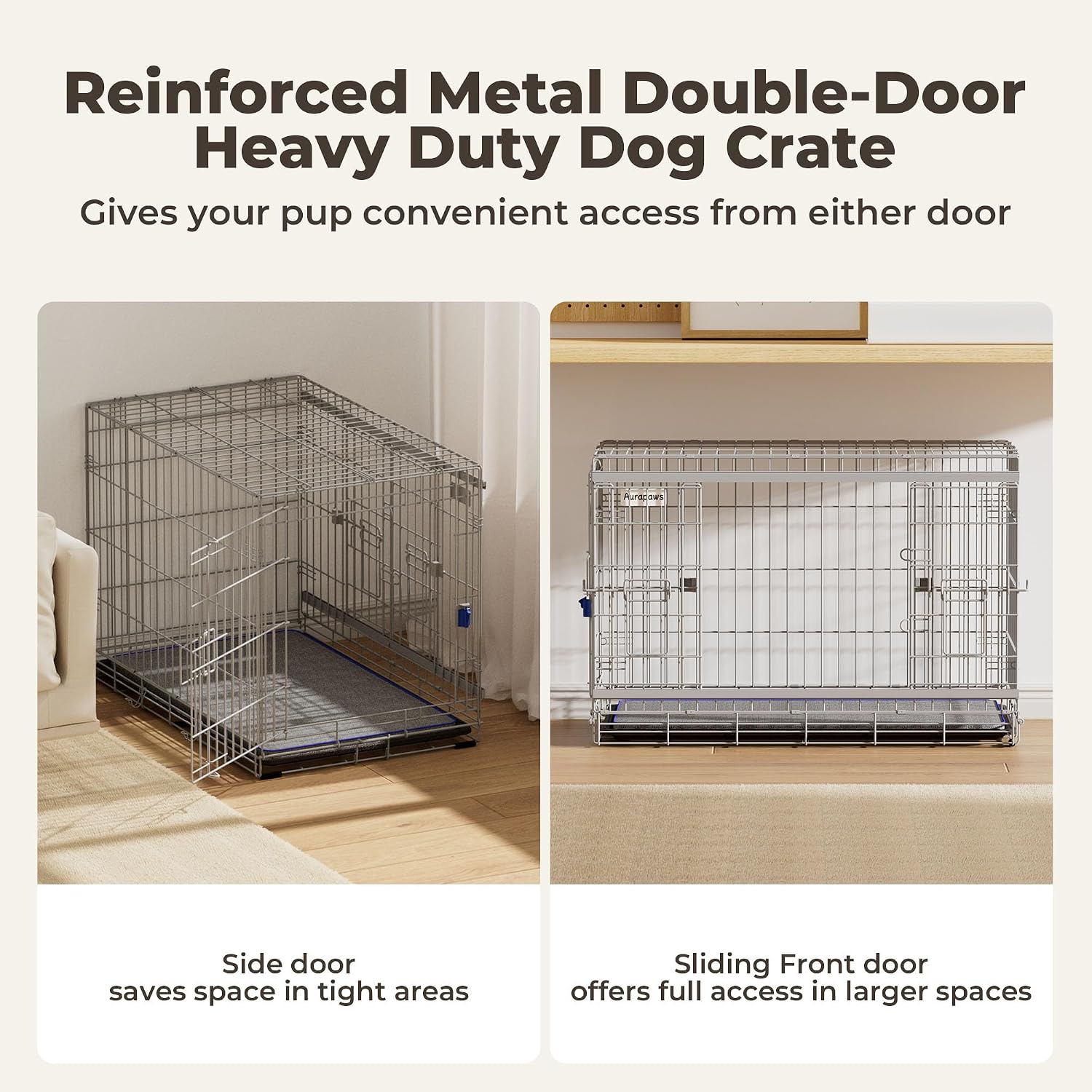 36 Inch Collapsible Dog Crate for Medium Dogs Heavy Duty Dog Kennel | Sliding Door, Double Door, with Soft Mat, Leak-Proof Tray, Easy Foldable & Assembly