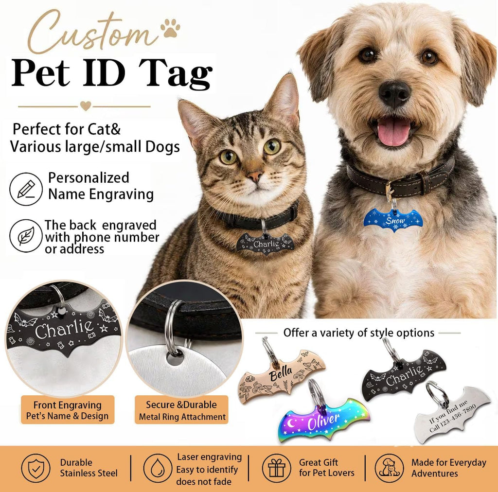 Stainless Steel Cat ID Tag Personalized Pet Tags with up to 4 Lines of Custom Text, Small Pet Mini Dog Cat Tag Lightweight, Engraved on Both Sides, Multiple Patterns Colors Size Options (Bat Shaped)