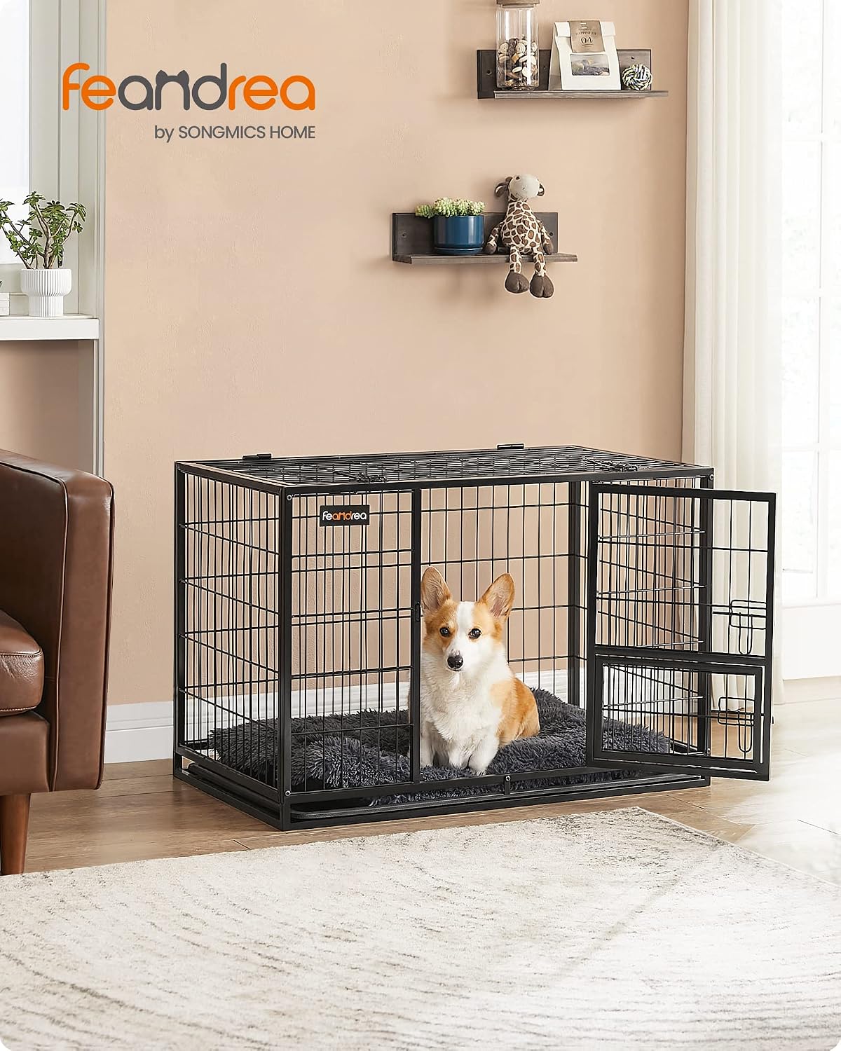 Feandrea Heavy-Duty Dog Crate, Dog Cage, 92.5 x 57.5 x 64 cm, for Small and Medium Dogs, Anti-Escape, Double Removable Door, Easy Cleaning, Pet Cage, L, Black PPD002B01