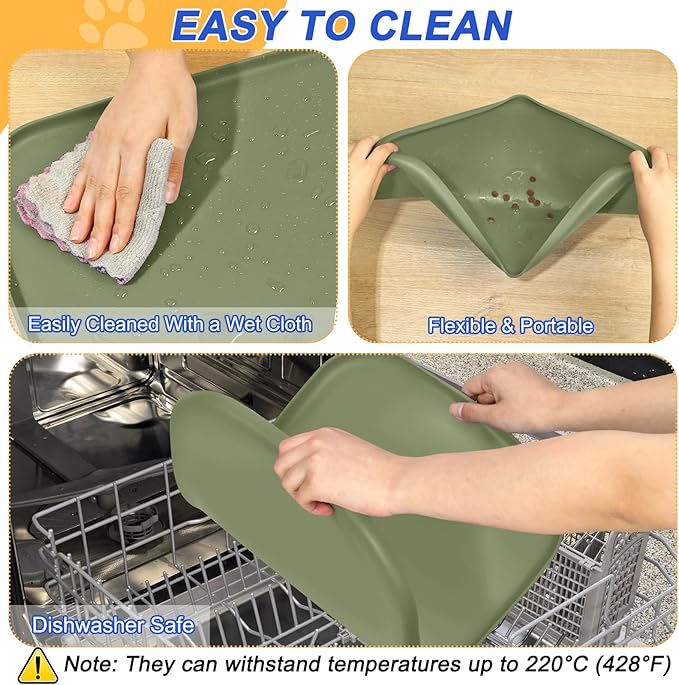 Silicone Pet Feeding Mat with Raised Edge for Food and Water, Dog Bowl Mats, Cat Bowls Placemat with High Lip for Floor Waterproof, Rubber Tray for Cats and Dogs 24 x 16 x0.8 Light Olive Green
