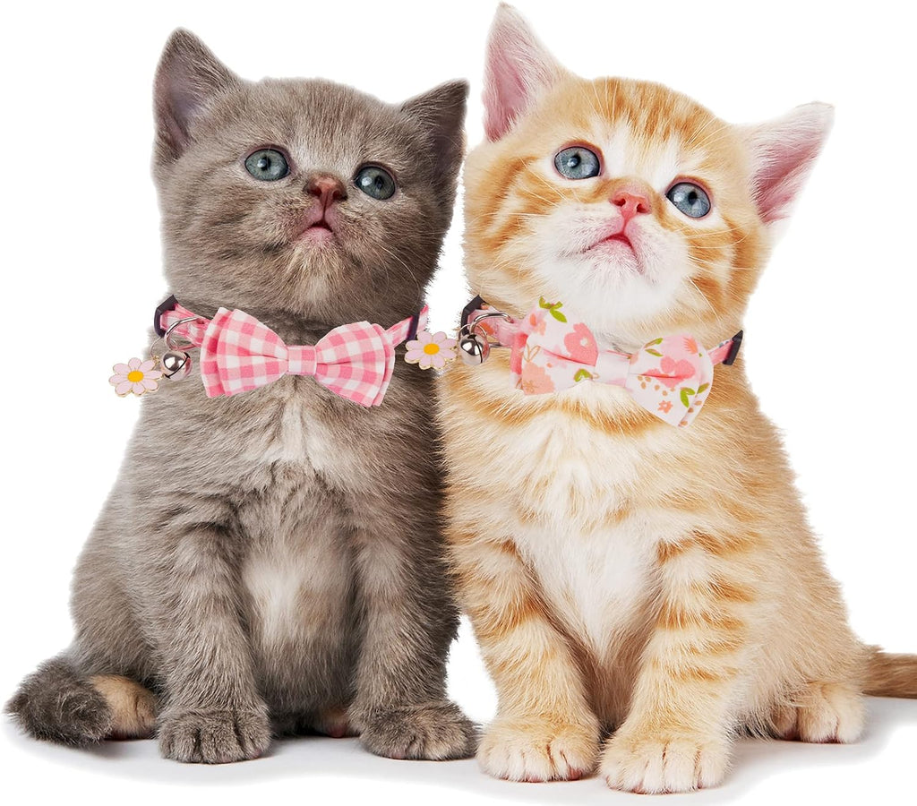 Pink Girl Cat Collar Breakaway, Plaid Floral Kitten Collar, XS | Detachable Bow Tie, Cute Floral Charm, Safe Breakaway Buckle, Adjustable, Pink Plaid & Plaid Print, for Girl Kittes