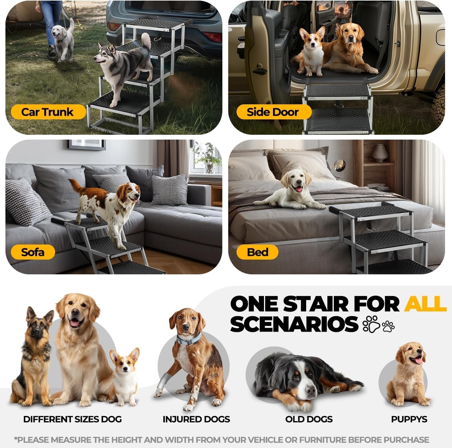 Auto Dynasty Dog Stairs for Car - 4 Steps Wide 31.4in High 25in Foldable Dog Ramp for Car Non-Slip Surface Support up to 150lbs - Suitable for SUV,Truck, Sofas, Bed/Couch
