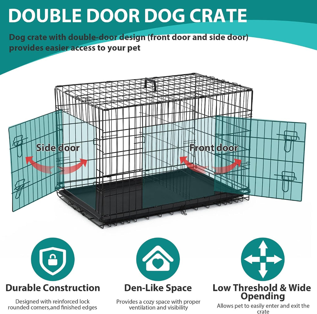 48 Inch Extra Large Dog Crates for Medium Dogs Double-Door Folding XXL Dog Crates for Large Dogs Indoor/Outdoor Dog Cages for Large Dogs Metal Wire Dog Kennel with Plastic Tray and Handle(Black)