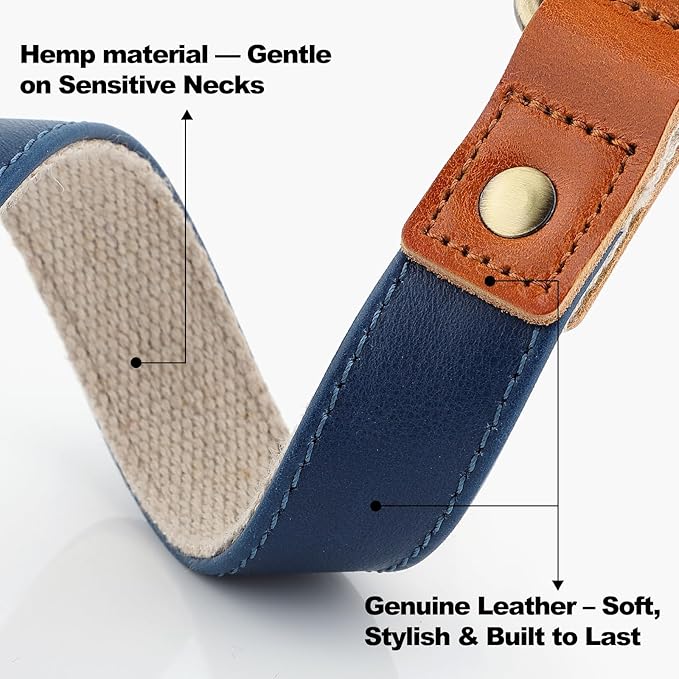 Plutus Pet Genuine Leather & Hemp Dog Collar – Adjustable Heavy Duty Pet Collar with Quick Release Metal Buckle, Soft & Stylish for Puppy and Small, Medium, Large Dogs (Royal Blue, M)