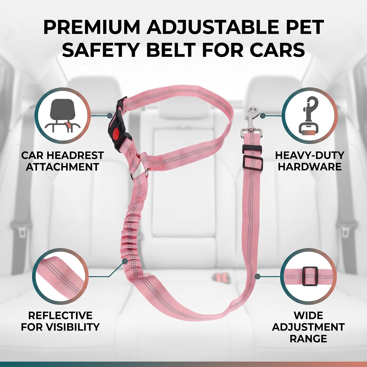 SUNGOOYUE Dog Seat Belt Reflective Nylon Adjustable Pet Car Restraint 72 to 84cm with Headrest Strap Collar 45 to 65cm for Travel Walking Dogs of Different Sizes (Pink)