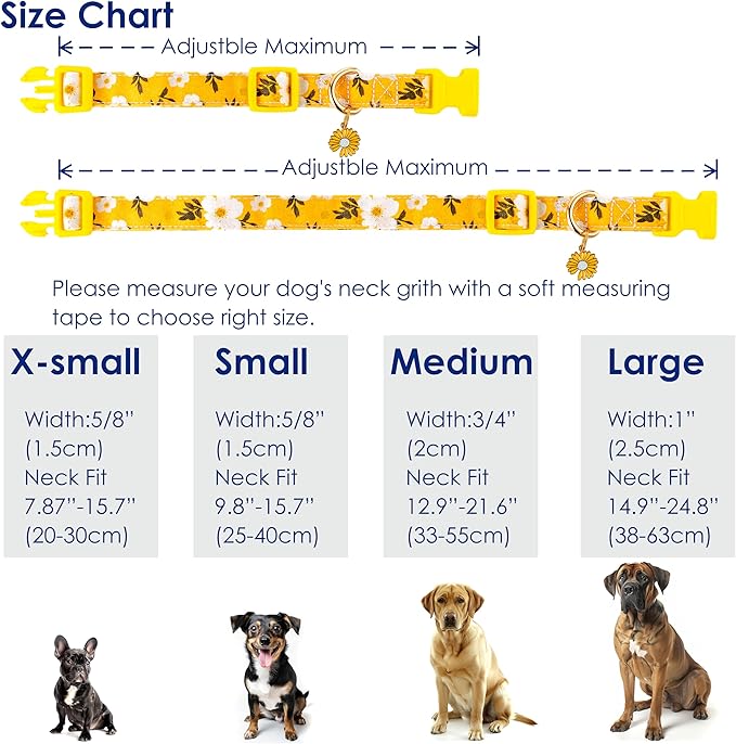 Cotton Dog Collar Yellow Flower Pattern for Boys and Girls Cute Dog Collars Summer Fall Gift Adjustable for Medium to Large Breed Dogs (M)