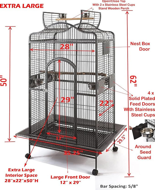 2 Color, Extra Large Wrought Iron Dome Top for Macaw Goffin's Cockatoo Cockatiels African Grey Amazon Parrots Green Cheek Conures Caique Bird Cage with Rolling Stand (Black-Vein)