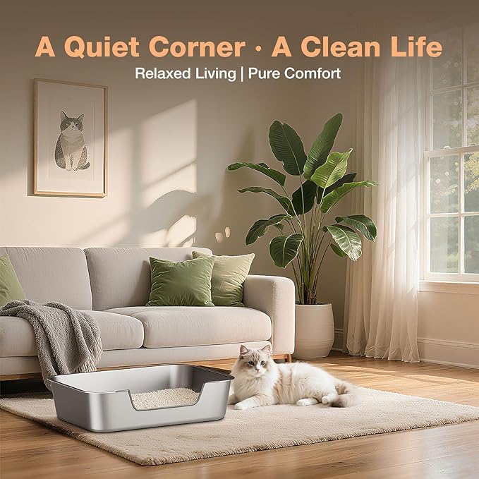 Stainless Steel Cat Litter Box with Low Entry, Large Metal Kitty Litter Box for Senior or Injured Cats, Odor-Free, Non-Stick, Easy to Clean, 23.4"x15.6"x7.8", for Multiple Cats