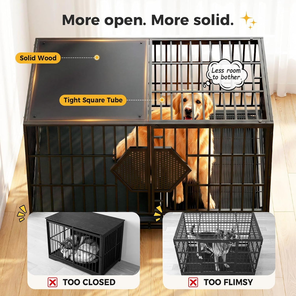 CAMMOO 48'' Heavy Duty Dog Crates for Large Dogs, Dog Kennel Indoor | For High Anxiety Dog, Escape-Proof Dual Top Fences, Reinforced Square Tube Frame, Easy-Clean Split Floor, Extra-Wide Door