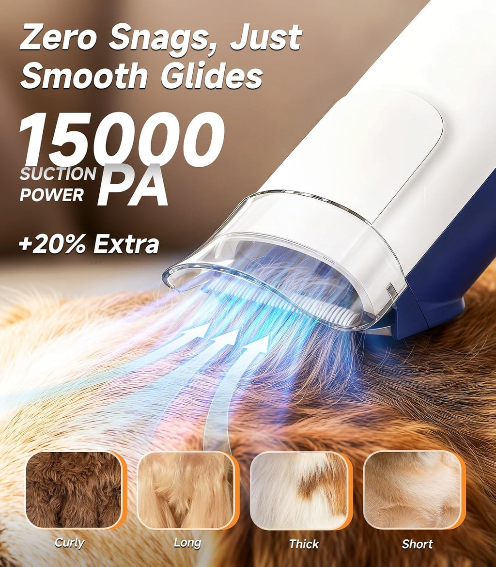 Buenkee Dog Grooming Vacuum Kit, 15000Pa Clipper, Shedding Brush, 2L, White | Brush, trim and deshed at home with less flying fur, mess-control suction and fewer emptying breaks during longer sessions