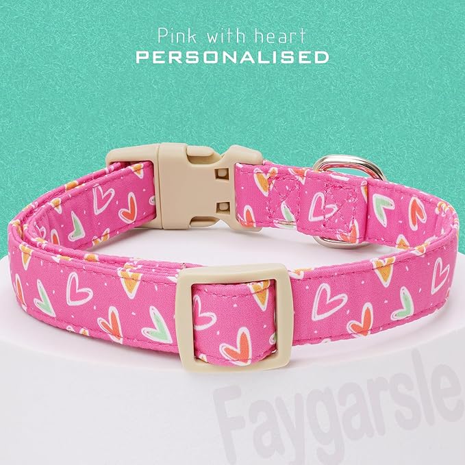 Faygarsle Valentine's Day Dog Collar, Pink Heart Pattern with Metal D-Ring and Heart Charm, Adjustable Pet Collar for Small Medium Large Dogs M