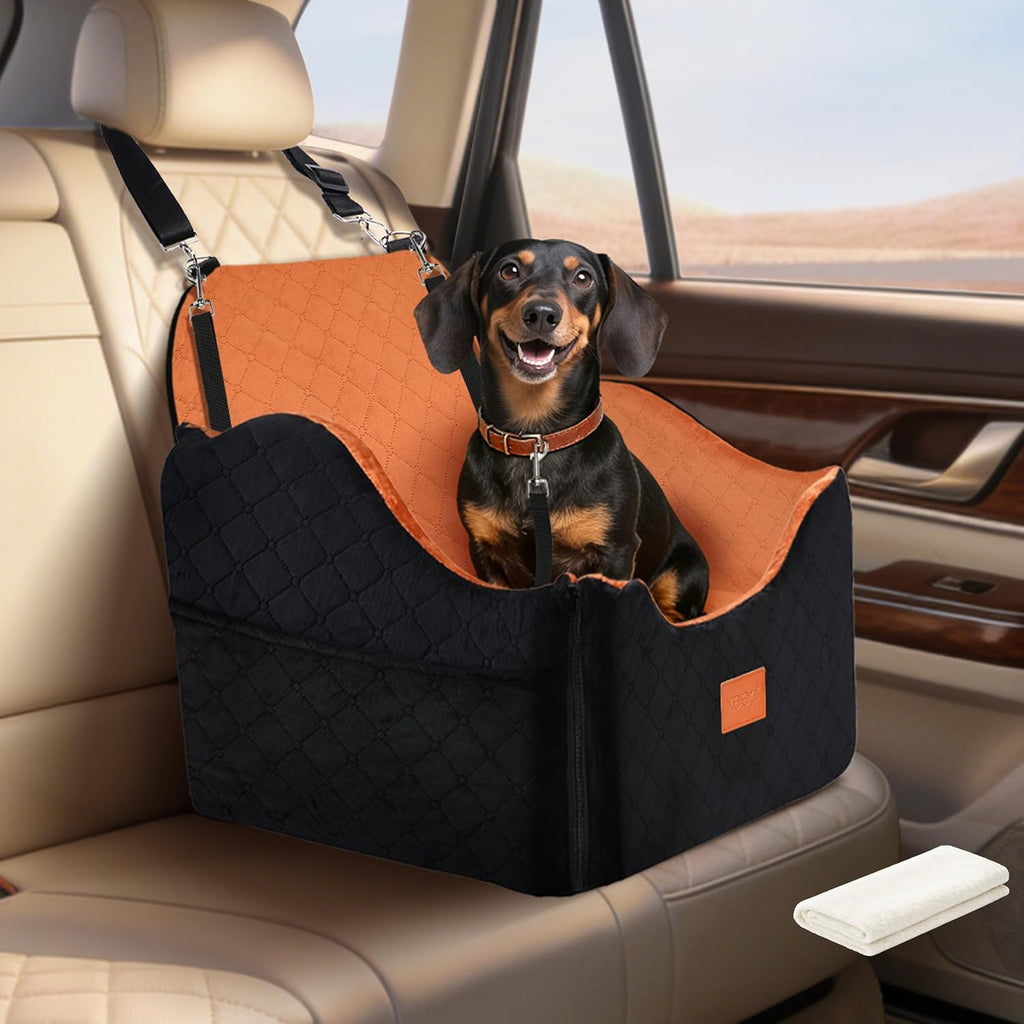 XEEP Dog Car Seat Booster Seat with Blanket & Pee Pad for Small Pet Travel | 35lbs Max Load, High Density Memory Foam Dog Bed for Car, 5 Inch Elevated View, Adjustable Dog Seat Belt for Car, Washable