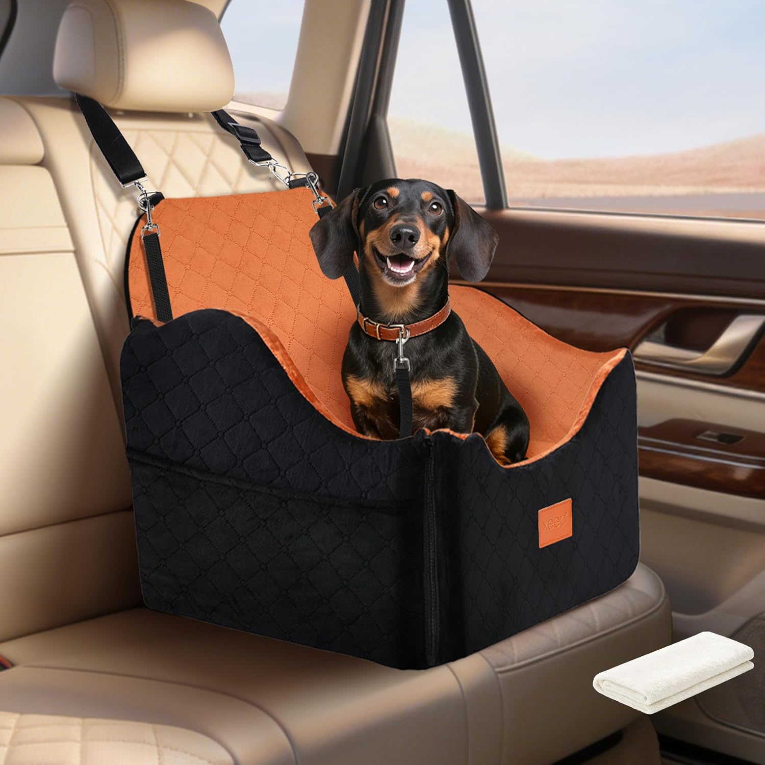 XEEP Dog Car Seat Booster Seat with Blanket & Pee Pad for Small Pet Travel | 35lbs Max Load, High Density Memory Foam Dog Bed for Car, 5 Inch Elevated View, Adjustable Dog Seat Belt for Car, Washable