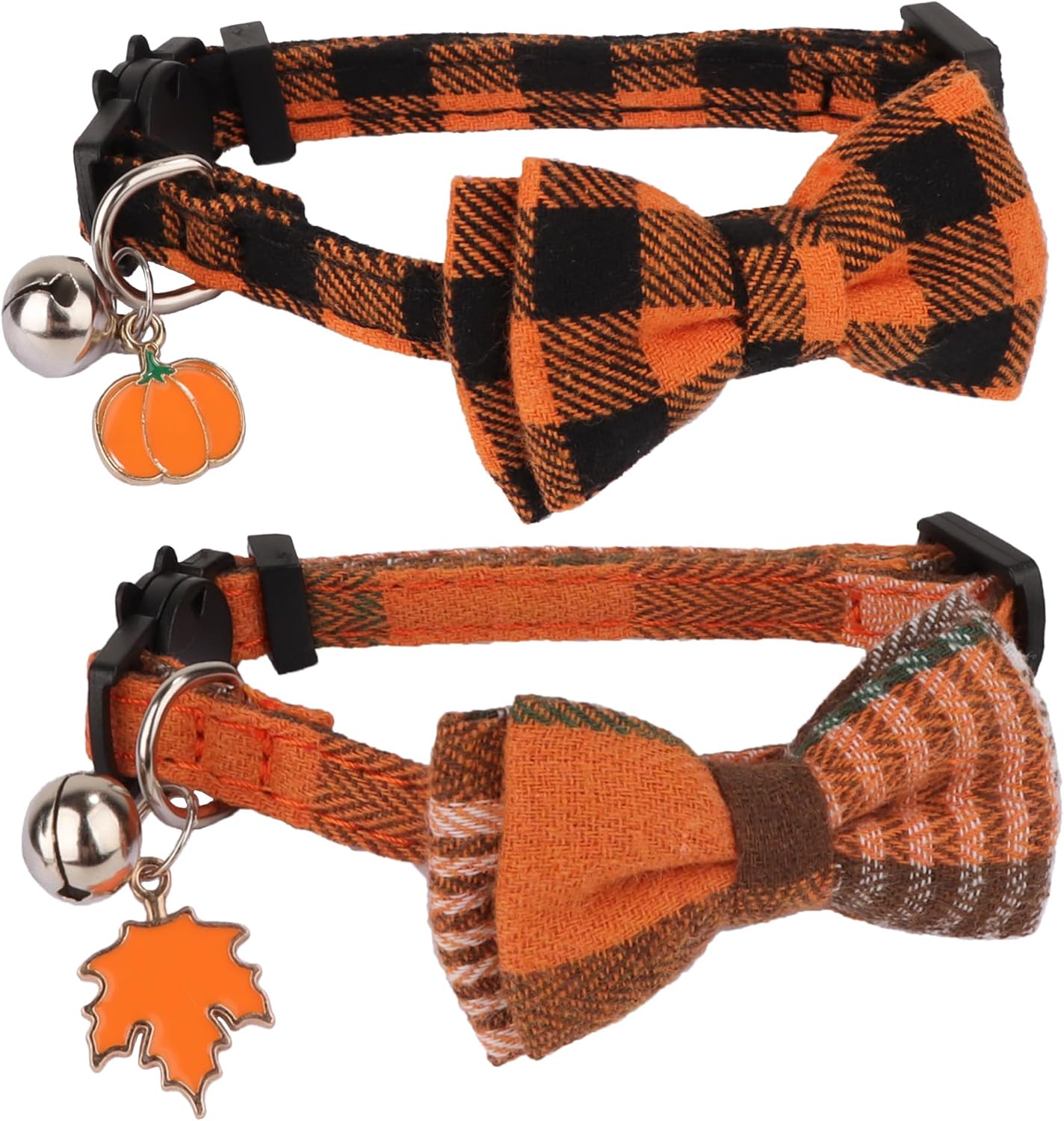 Fall Cat Collar Breakaway, Orange Plaid Thanksgiving Cat Bow Tie | Detachable Bowtie Bell, Cute Autumn Charm, Breakaway Buckle, Adjustable, For Cat Kitten, Fall Thanksgiving Holiday Party
