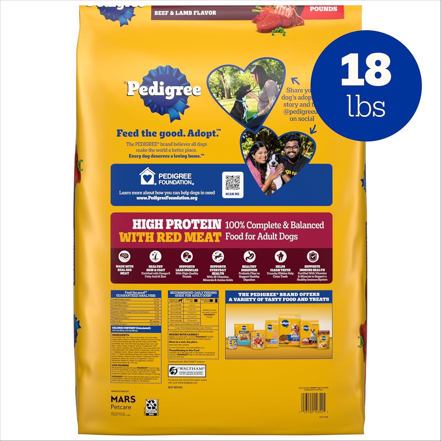 Pedigree High Protein Adult Dry Dog Food, Beef and Lamb, 18 lb | Real red meat, 25% more protein, 36 vitamins & minerals, prebiotic fiber, Omega 6 & Zinc, 100% complete & balanced