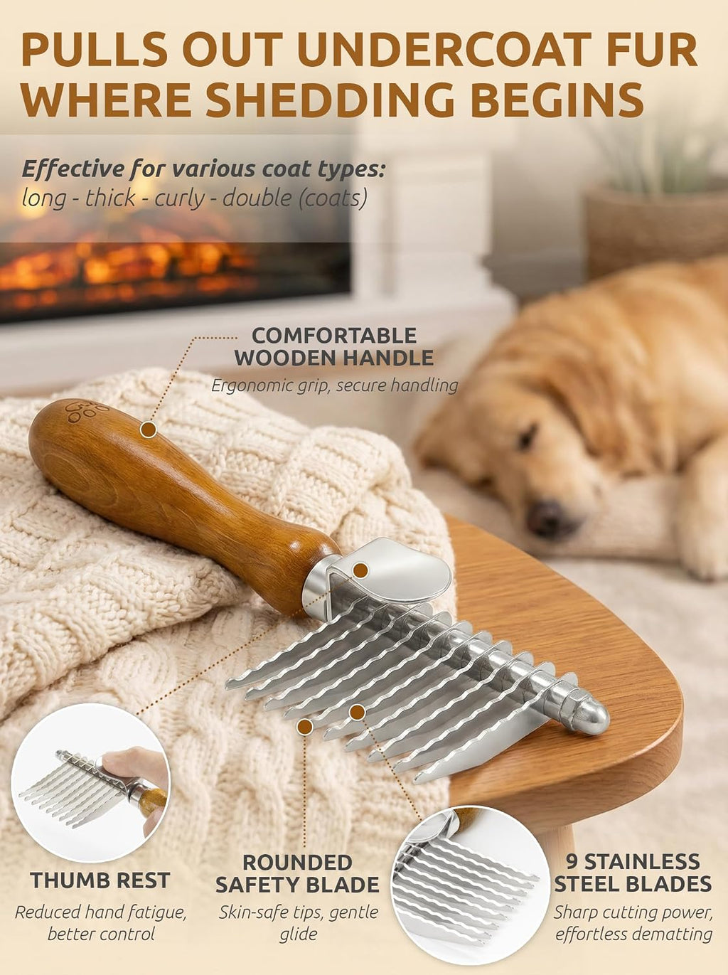 TAKAVU Dematting Comb for Dogs & Cats, 9-Blade Undercoat Rake | Removes Mats, Tangles & Knots from Long Hair, Deshedding Undercoat Tool for Doodles, Poodles & Double-Coated Breeds