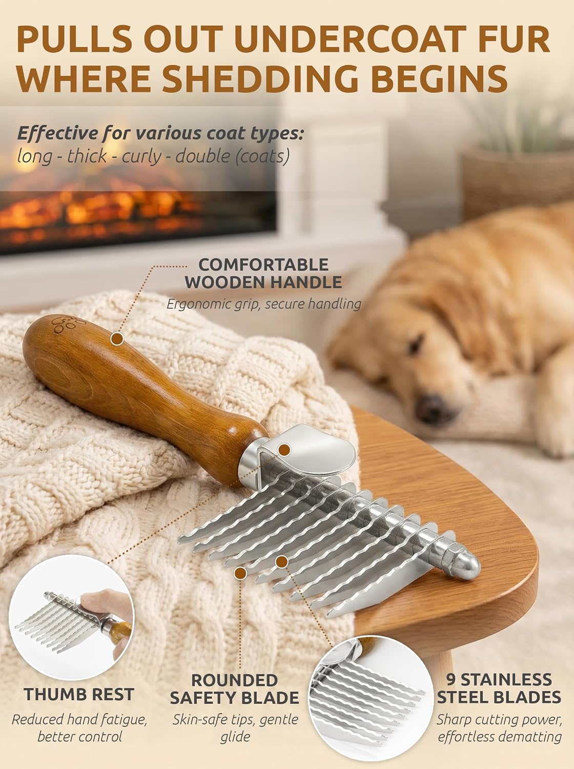 TAKAVU Dematting Comb for Dogs & Cats, 9-Blade Undercoat Rake | Removes Mats, Tangles & Knots from Long Hair, Deshedding Undercoat Tool for Doodles, Poodles & Double-Coated Breeds