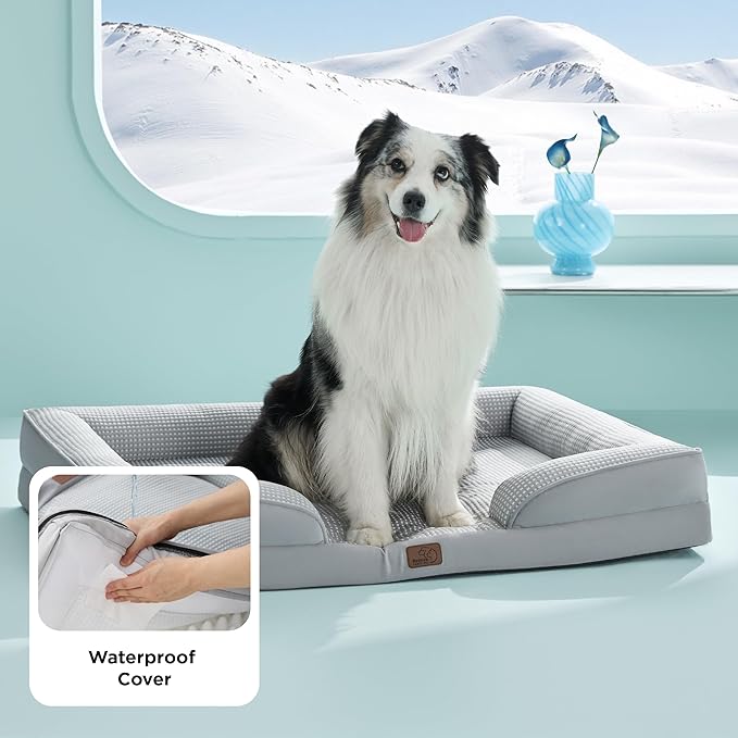 Bedsure L Plus Orthopedic Dog Bed for Large Dogs - Washable Dog Cat Bed Waterproof, L Plus Big Comfort Dogs Couch Sofa with Washable Removable Cover, Pet Bed with Nonskid Bottom, Cooling Grey, 38"