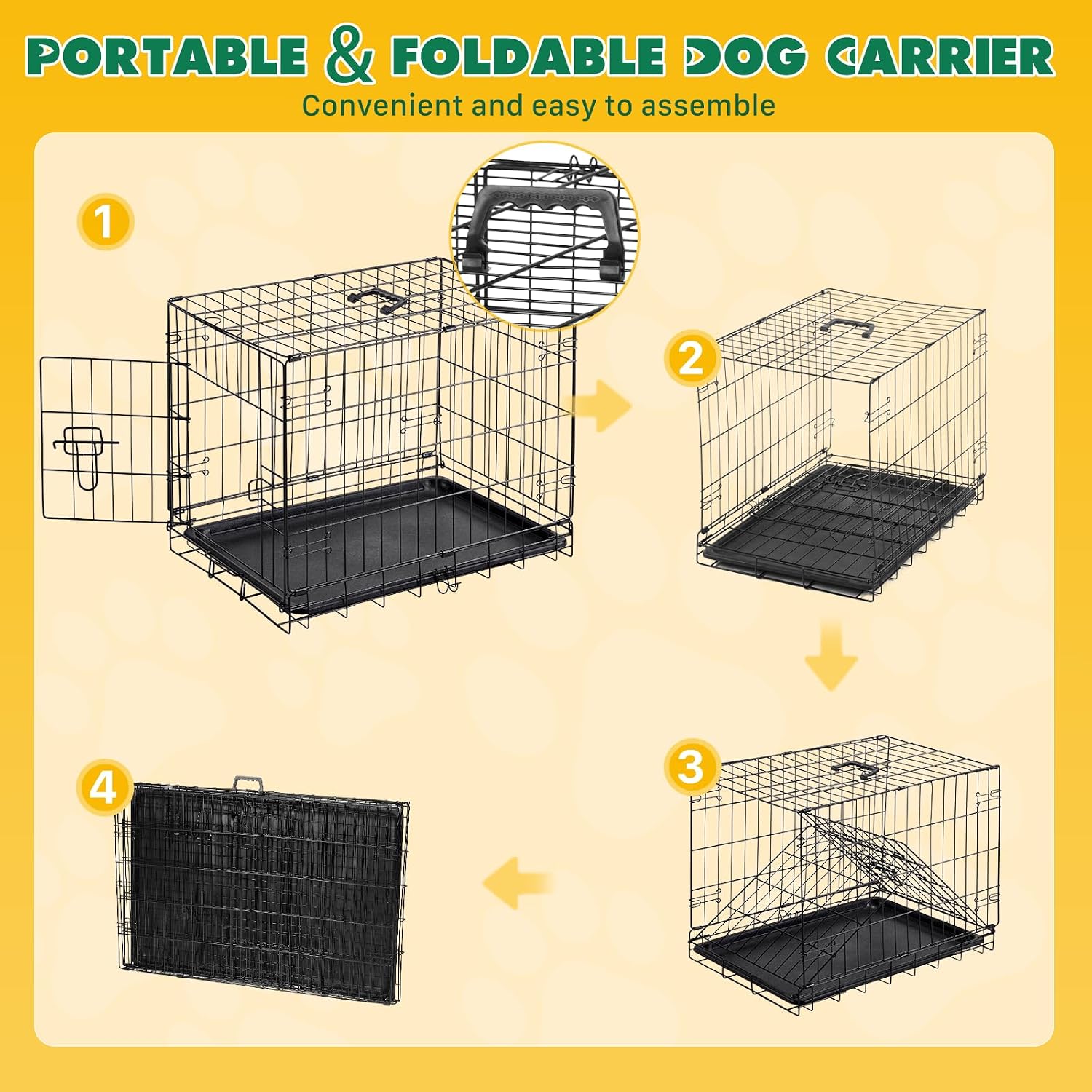 Small Dog Crate 24 Inch, Metal Wire Foldable Dog Cage Kennel | Double Door, Secure Lock, Plastic Leak-Proof Pan Tray, Indoor Outdoor Training Pet