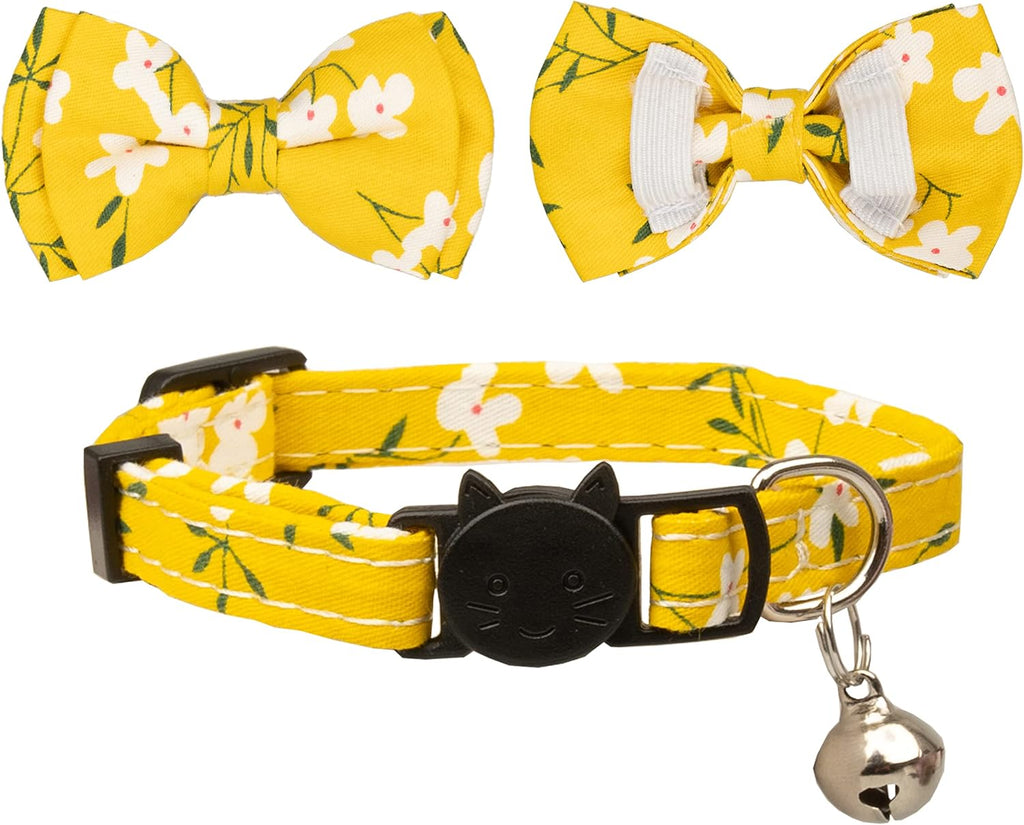 Cat Collar with Bow Tie Bell Breakaway Bowtie 2pcs Set Spring Plaid Flower Floral Solid Boy Girl Cute Kitten Safety A Yellow Flower & Plaid