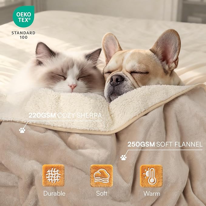 Luciphia Waterproof Pet Blanket, Liquid Pee Proof Dog Blanket for Sofa Bed Couch, Reversible Sherpa Fleece Furniture Protector Cover for Small Medium Large Dogs Cats, Khaki+Beige Medium（57" x 40"）