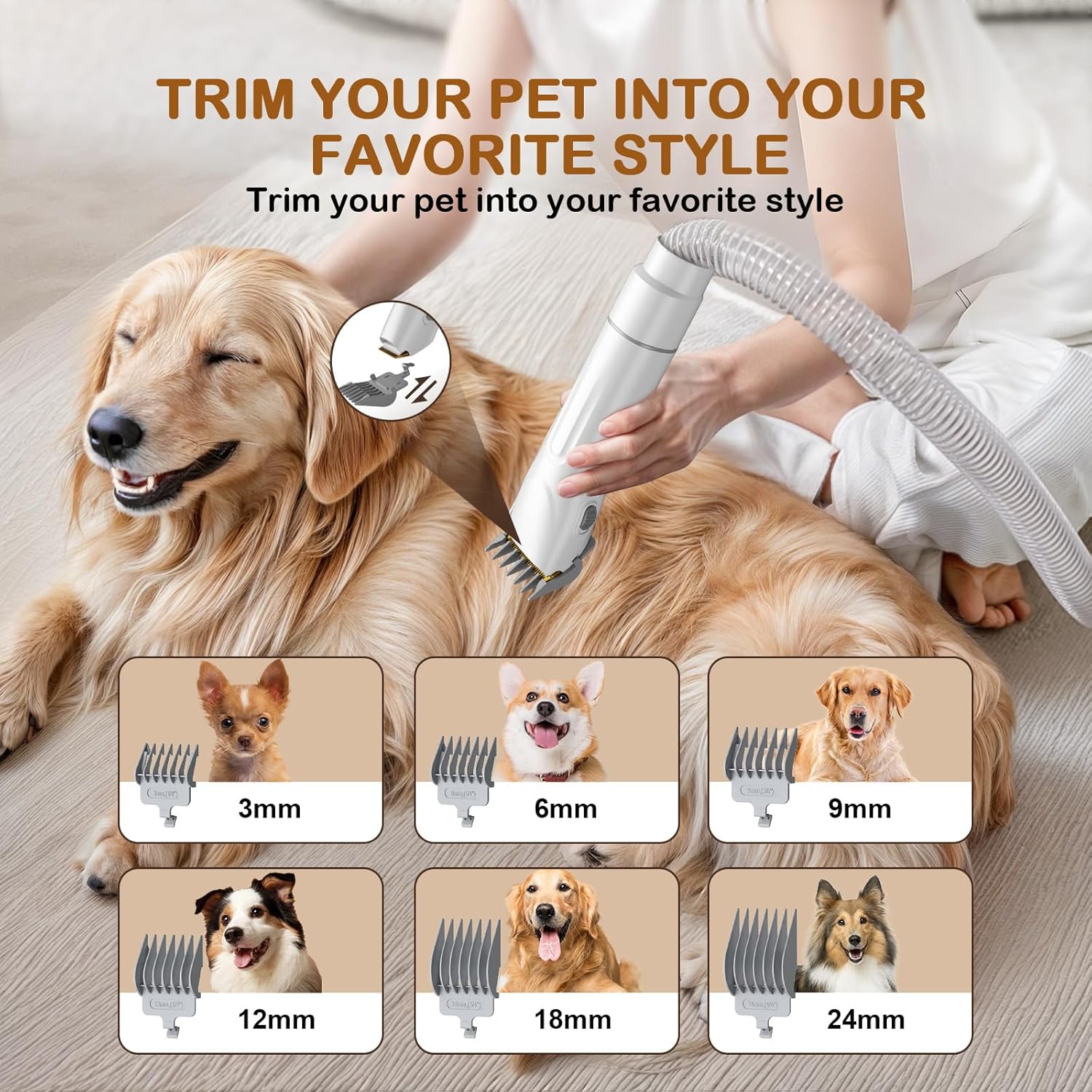 Dog Grooming Kit, 3 Suction Modes Dog Brush Vacuum with 6 Pet Grooming Tools (Eggshell)