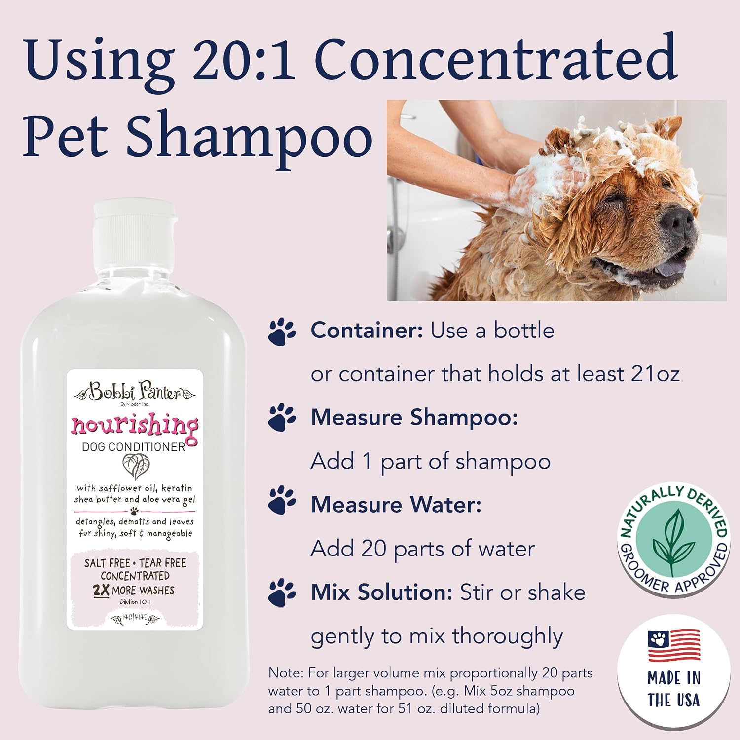 Bobbi Panter Nourishing Dog Conditioner Safflower Oil, Keratin, Shea Butter & Aloe Vera – Detangling Natural Formula for Soft, Smooth & Manageable Coat, 10:1 Concentrate, Made in USA, 14 oz