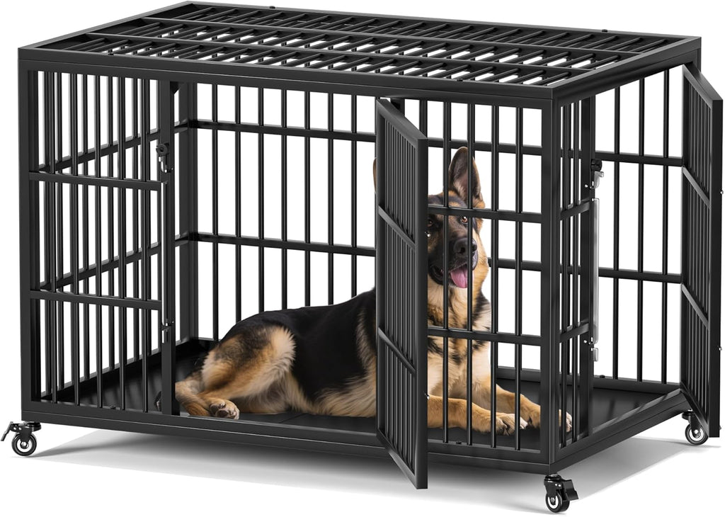 VERIFURTY 48 Inch Heavy Duty Dog Crate for Large Dogs with Self-Locking Latch, Escape-Proof Steel Kennel Indoor, XL Large Double Door Metal Pet Cage with Wheels