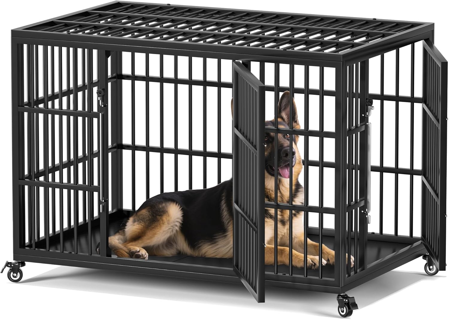 VERIFURTY 48 Inch Heavy Duty Dog Crate for Large Dogs with Self-Locking Latch, Escape-Proof Steel Kennel Indoor, XL Large Double Door Metal Pet Cage with Wheels