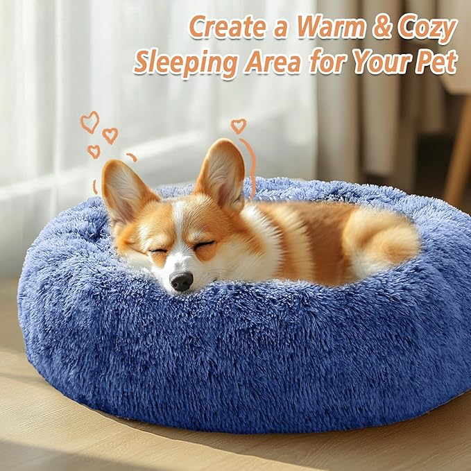 JOLLYVOGUE Calming Dog Bed Large Size Dog, Anti-Anxiety Donut Large Pet Bed, 36 inches Fluffy Faux Fur Round Cat Bed, Fits up to 75 lbs Pets (Navy Blue)