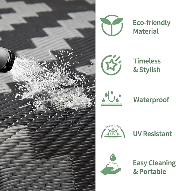 GENIMO Outdoor Rugs 8x10 Waterproof, Reversible Mats, Area Plastic Straw Rug, Outside Carpet, Geometric Rv Mat for Patio Camping Rv Picnic Backyard Deck Balcony Porch Beach Trailer (Black & Grey)