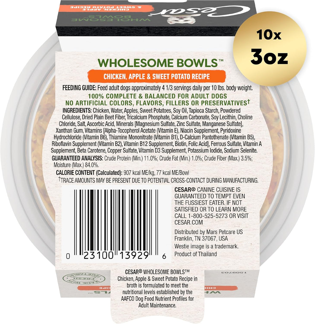 Cesar Wholesome Bowls Wet Dog Food, Chicken & Apple, 3 oz, 10 Count | Real chicken #1 ingredient, slow-cooked, 9 key ingredients, no by-products or artificial flavors, easy to digest