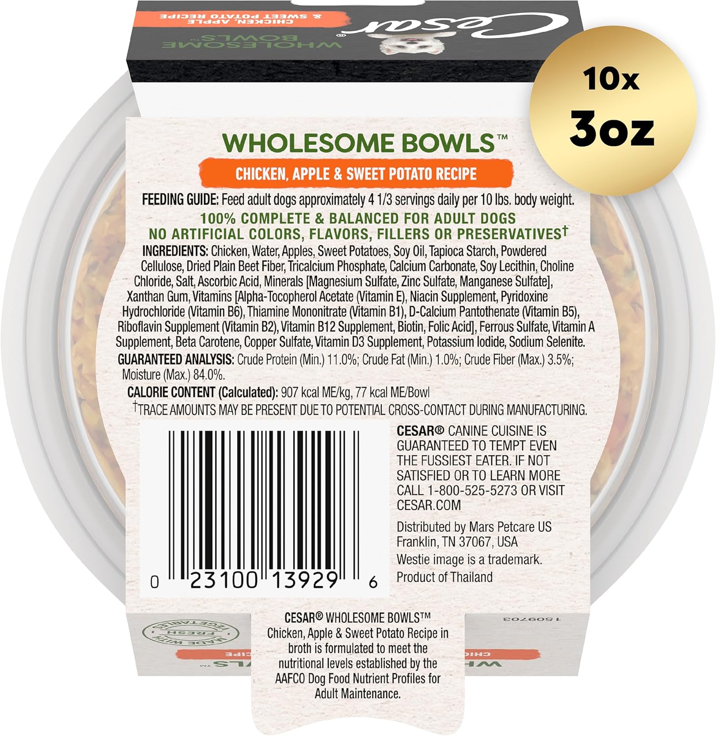 Cesar Wholesome Bowls Wet Dog Food, Chicken & Apple, 3 oz, 10 Count | Real chicken #1 ingredient, slow-cooked, 9 key ingredients, no by-products or artificial flavors, easy to digest