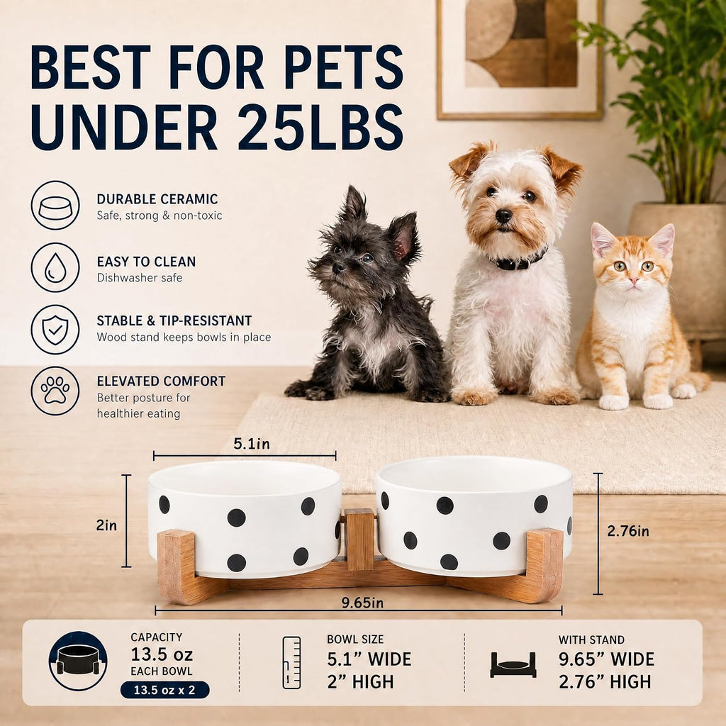 Petygooing Ceramic Dog Bowl Set with Stand,Cat Pet Food and Water Dishes,Small Dog Bowls Anti -Slip Set of 2 Cat Bowls Pet Food Dish Small Size Pet (13.5OZ/5.1 in) Black Dot