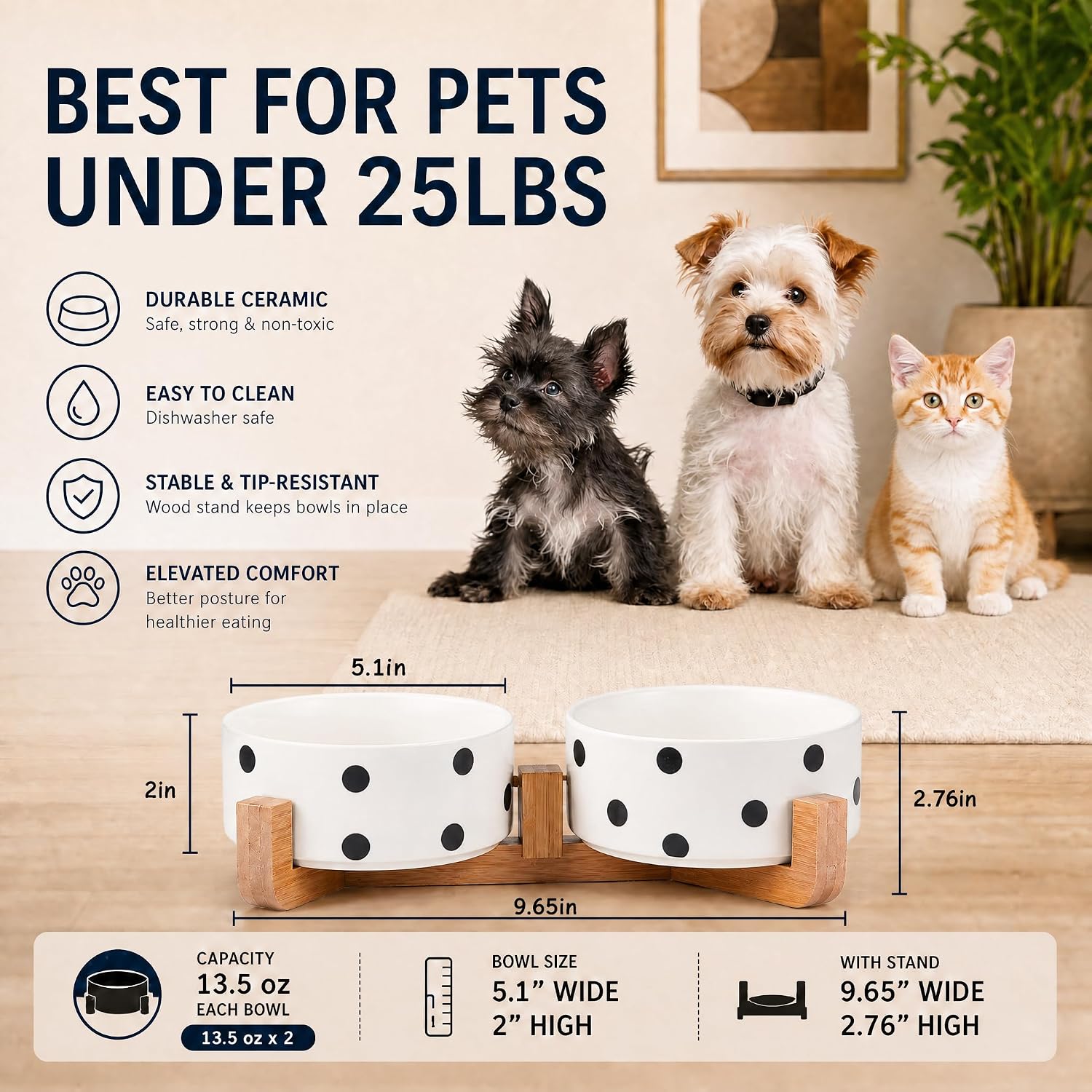 Petygooing Ceramic Dog Bowl Set with Stand,Cat Pet Food and Water Dishes,Small Dog Bowls Anti -Slip Set of 2 Cat Bowls Pet Food Dish Small Size Pet (13.5OZ/5.1 in) Black Dot