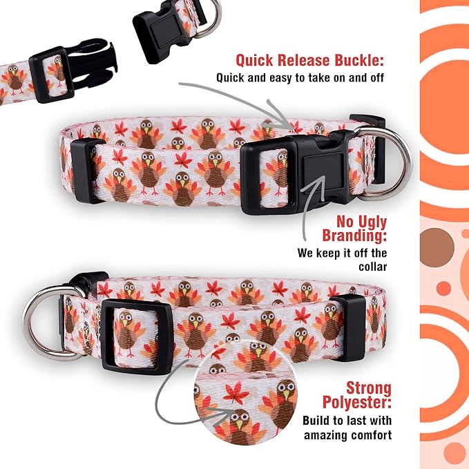 Native Pup Thanksgiving Dog Collar- Fall Collars for Dogs- Autumn Leaf, Turkey, Pumpkin Pie, Holiday Leaves- Girl Boy Puppy- Adjustable for Small, Medium, Large Breeds (Turkey, Large)