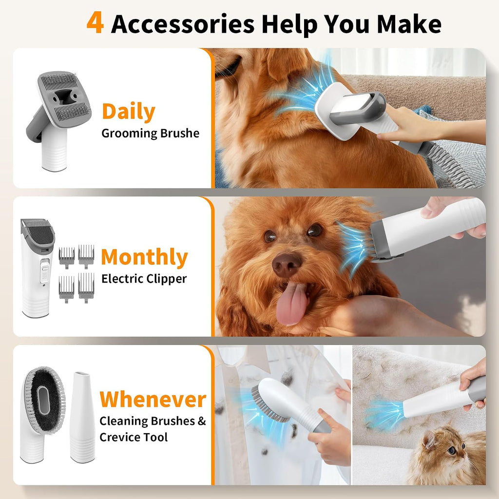 binROC 4-in-1 Dog Grooming Vacuum Kit for Pet Hair Shedding & Home Cleaning | 13000Pa Strong Suction, 3 Suction Settings, Grooming Brush, Cleaning & Crevice Tool, 4 Guard Combs, 1.5L Dust Cup
