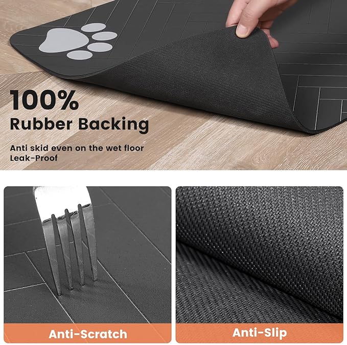 Pet Feeding Mat-Absorbent Pet Placemat for Food and Water Bowl, with Waterproof Rubber Backing, Quick Dry Water Dispenser Mat for Dog and Cat (20"x12", Striped Dark Gray)