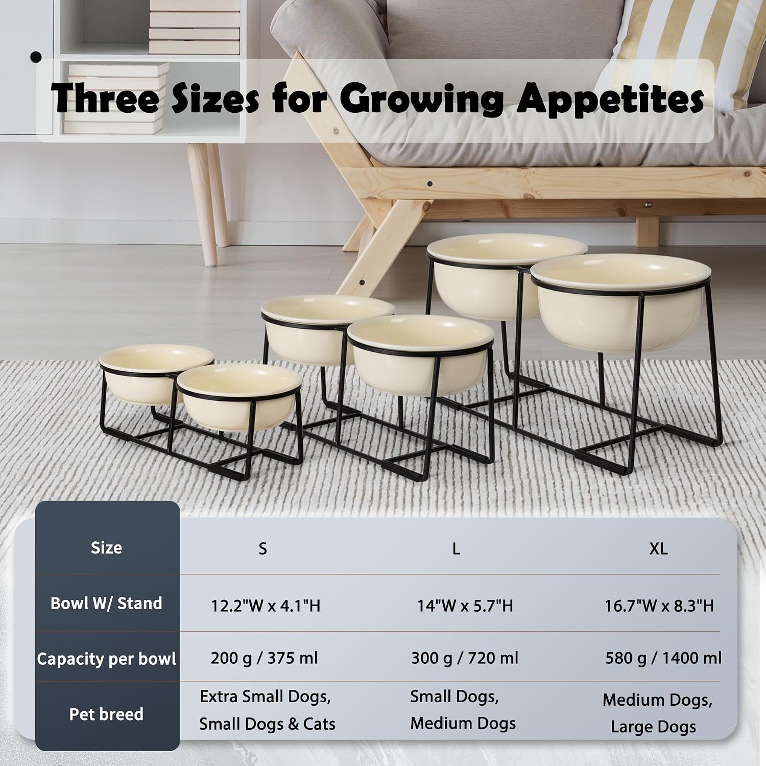 Elevated Ceramic Dog Bowl Set - Double Dishes with Non-Slip Iron Stand - Raised Feeding Station for Food & Water - Ideal for Small and Medium Dogs - 2 × 720ml Capacity - Beige - 15 cm Height