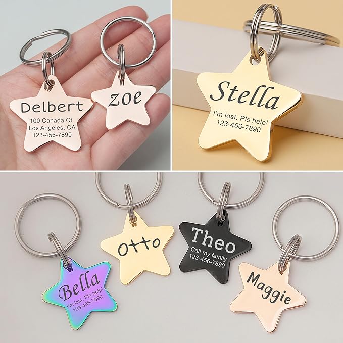 Anavia Personalized Pet ID Tags, Stainless Steel Glossy Laser Engraved Dog Cat Collar Name Tags, Multiple Colors Shapes Sizes (Star, Regular)