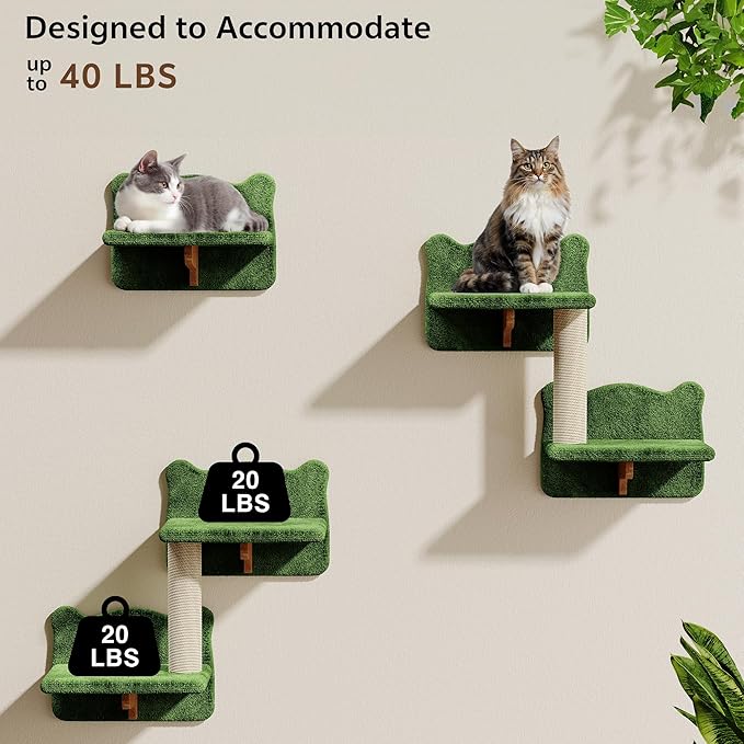 9-in-1 Cat Wall Shelves, Wall Mounted Cats Furniture Set with Plush Fabric, Cat Climbing Systems, Cats Shelf Furniture with Condos, House, Steps, Bridge Ladder, Scratching Post, Green