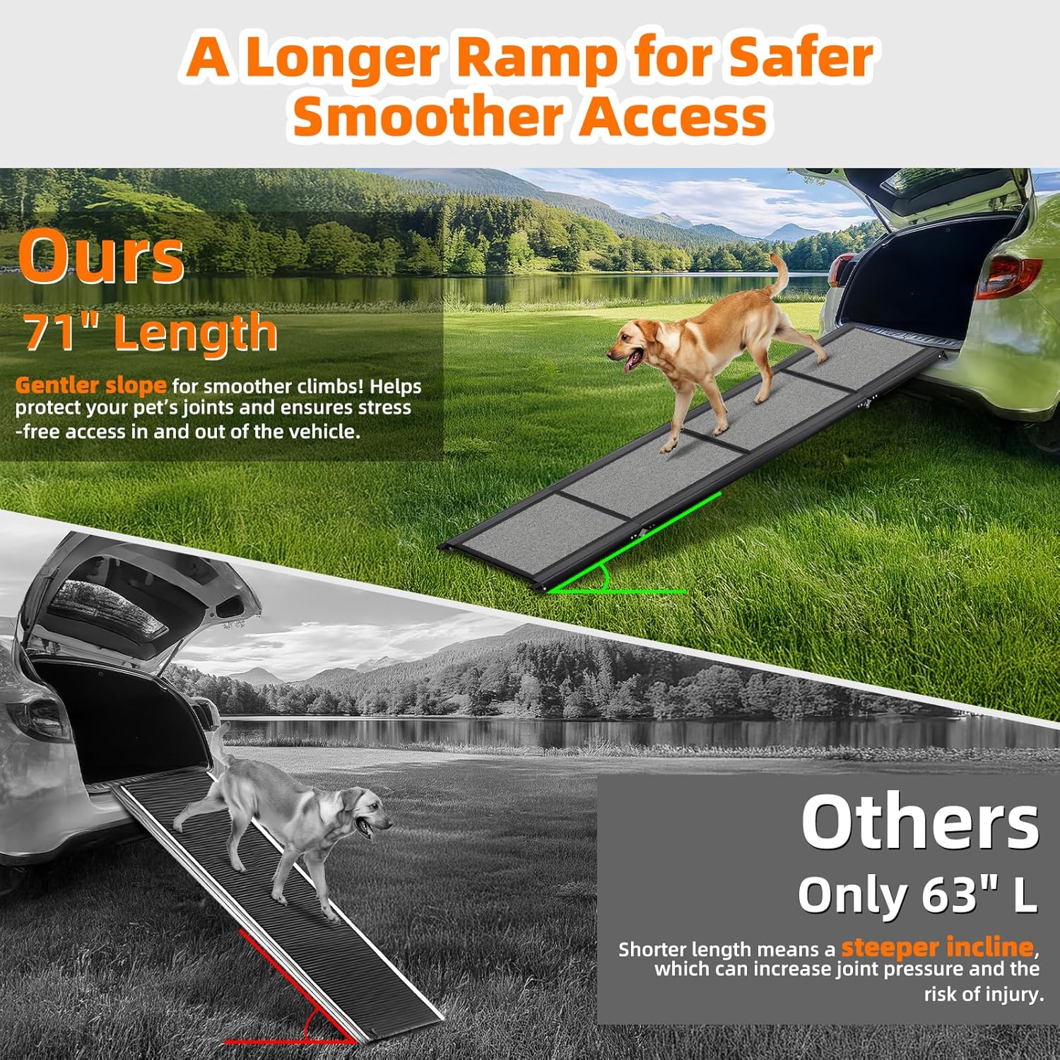 Dog Ramp for Car 𝟕𝟏”𝐱𝟐𝟎” Large Folding Pet Stair Ramps for Truck, SUV, with Non-Slip Surface, Up to 250LBS, Outdoor Dog Car Ramp for Medium & Large Dogs, Portable Pet Steps