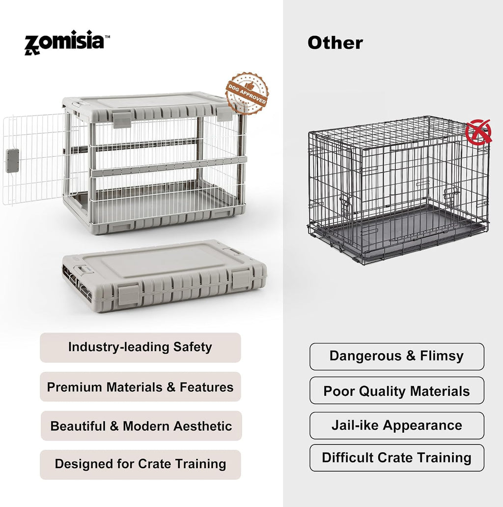 ZOMISIA Collapsible Dog Crate for Dogs - 28" L Heavy Duty Dog Kennel No Tools Required with 4 Sides Steel Foldable Cage for Dogs Indoor Furniture, Portable Carrier with 2 Smooth Wheels, Beige