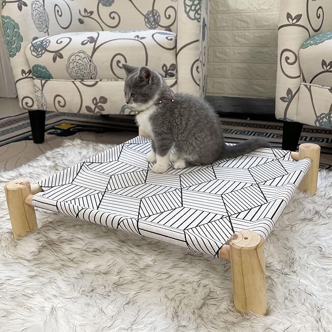 Pozico Cat/Dog Bed Hammock - Wooden Raised Indoor/Outdoor Beds - Breathable Mesh for Small Animals - White Diamond