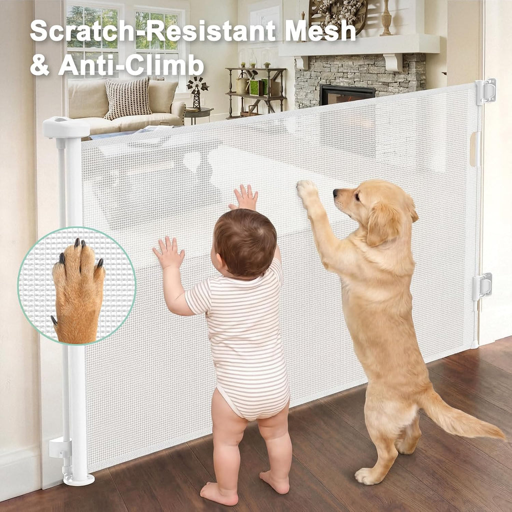 Retractable Baby Gates for Doorways & Stairs, Indoor/Outdoor Mesh Dog Gate for Dogs, Puppies, Infants, Toddlers, Babies, Children, Kids, 33" Tall Expands Up to 60" Width, Safety Retractable Pet Gate