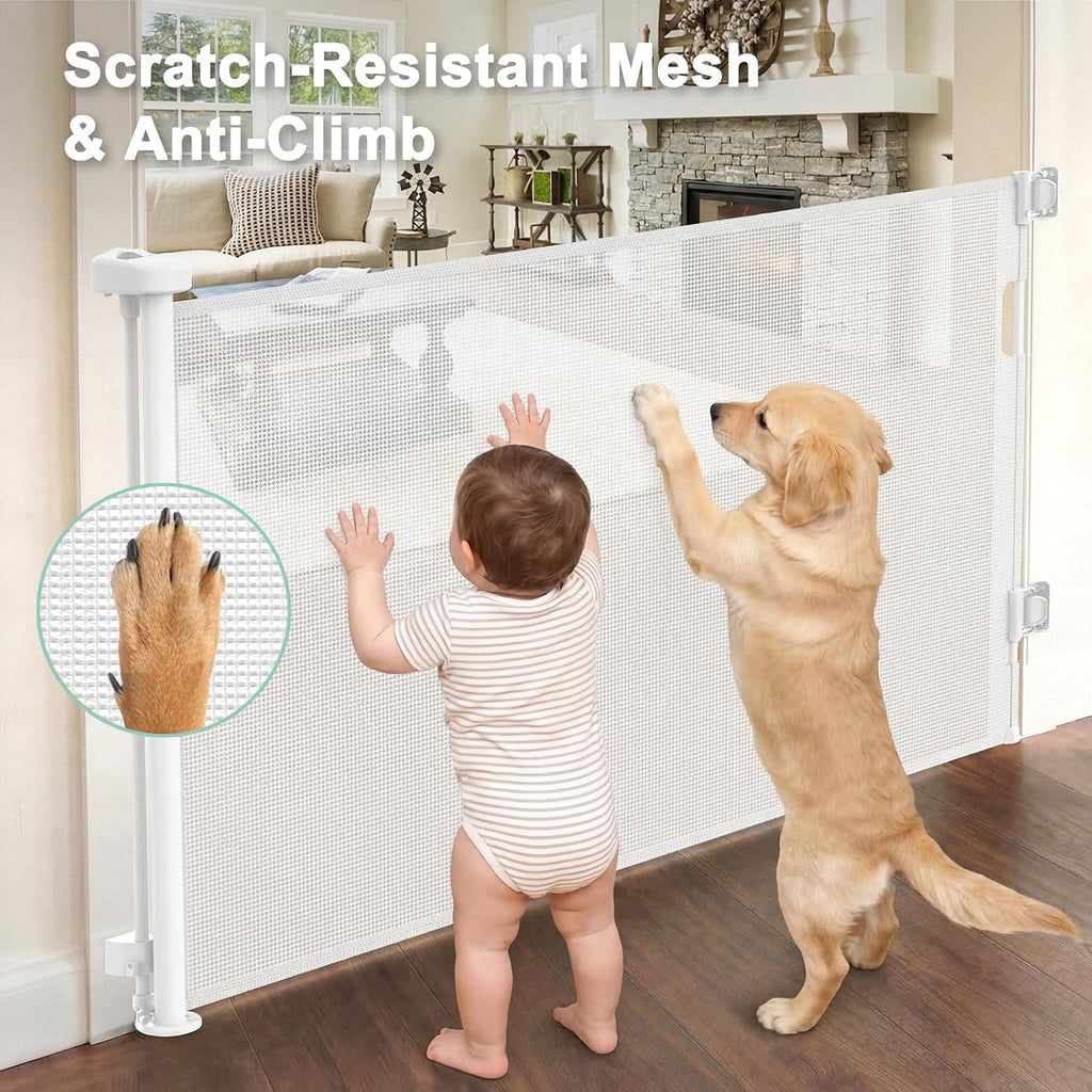 Retractable Baby Gates for Doorways & Stairs, Indoor/Outdoor Mesh Dog Gate for Dogs, Puppies, Infants, Toddlers, Babies, Children, Kids, 33" Tall Expands Up to 60" Width, Safety Retractable Pet Gate
