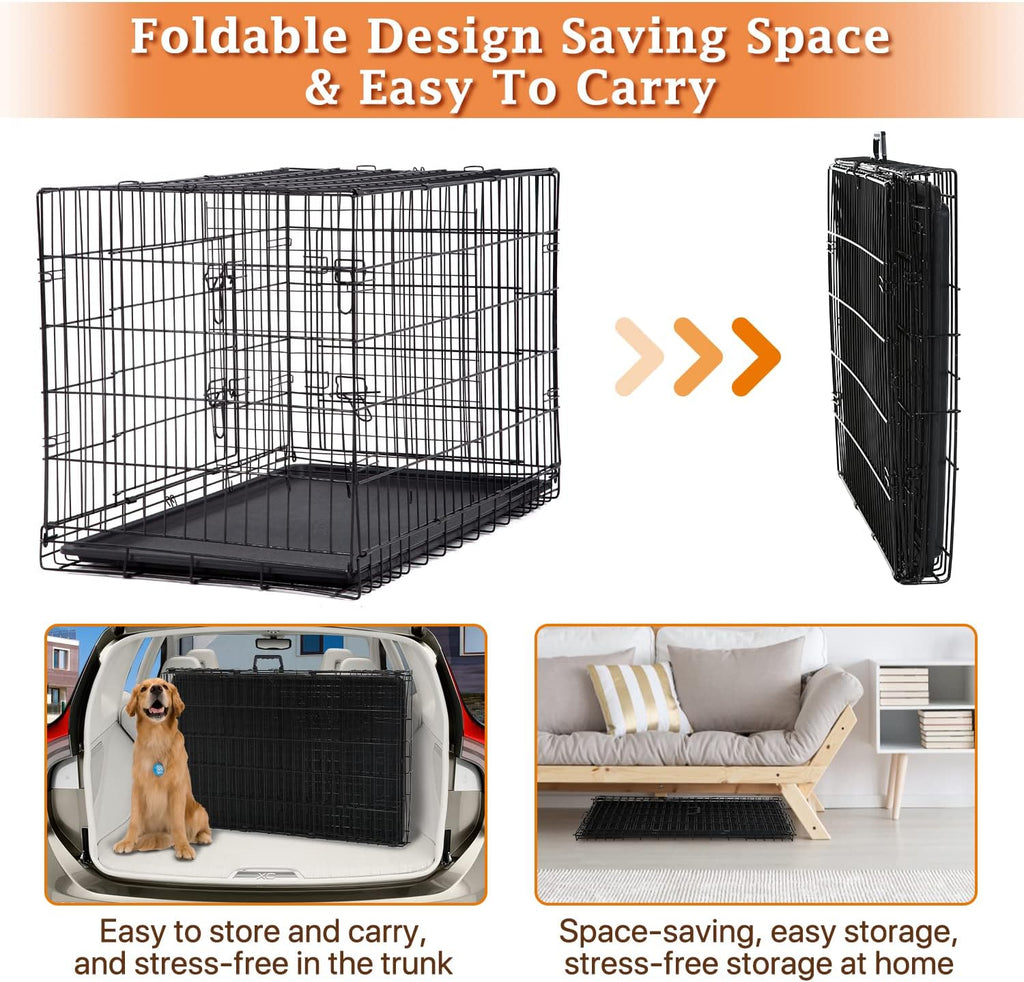48 Inch Large Dog Crate Dog Kennel Cage Metal Wire Crates Pet Cages Double-Door Foldable Kennels with Handle and Plastic Tray Indoor&Outdoor,Black XXL