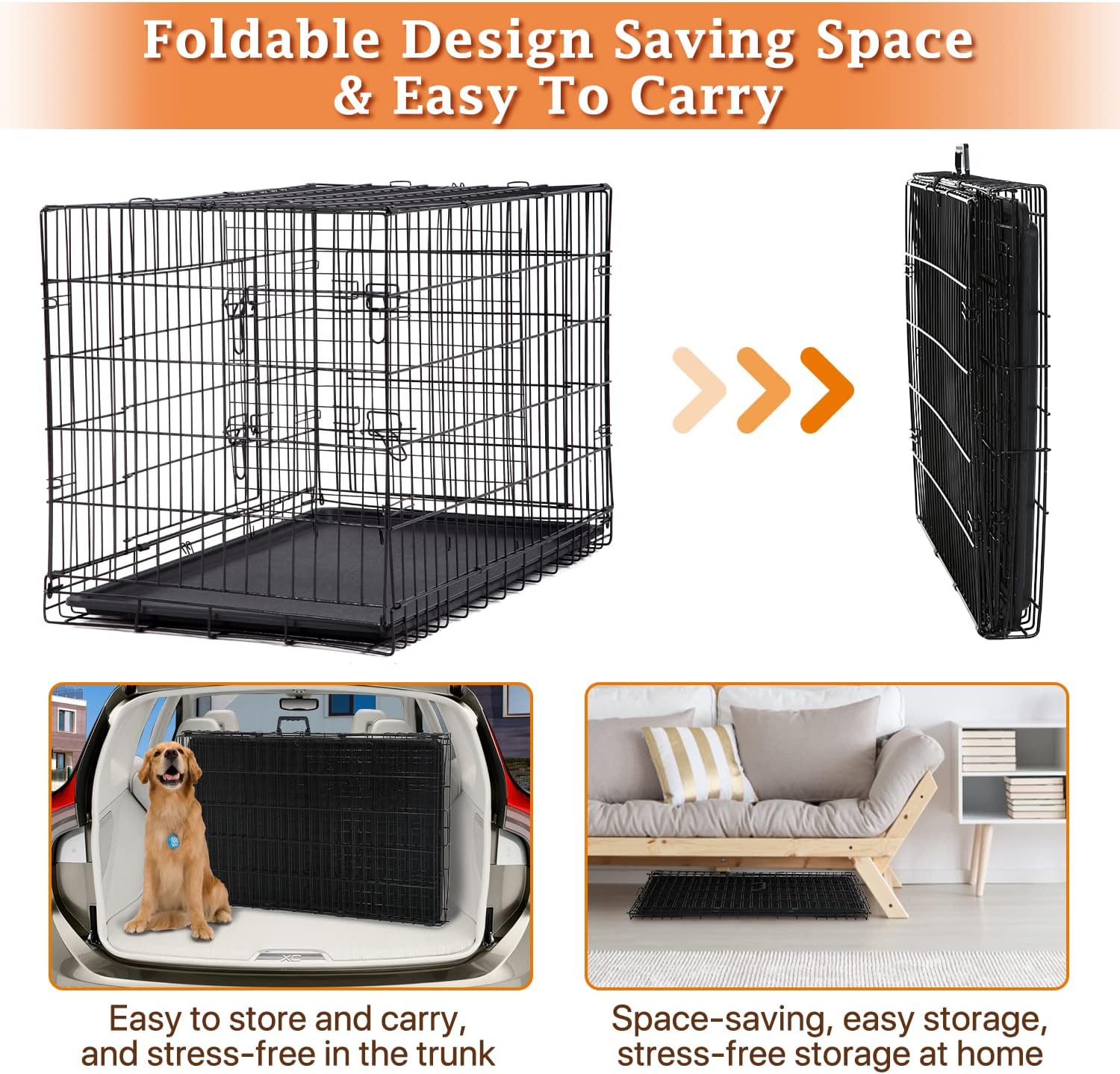 48 Inch Large Dog Crate Dog Kennel Cage Metal Wire Crates Pet Cages Double-Door Foldable Kennels with Handle and Plastic Tray Indoor&Outdoor,Black XXL
