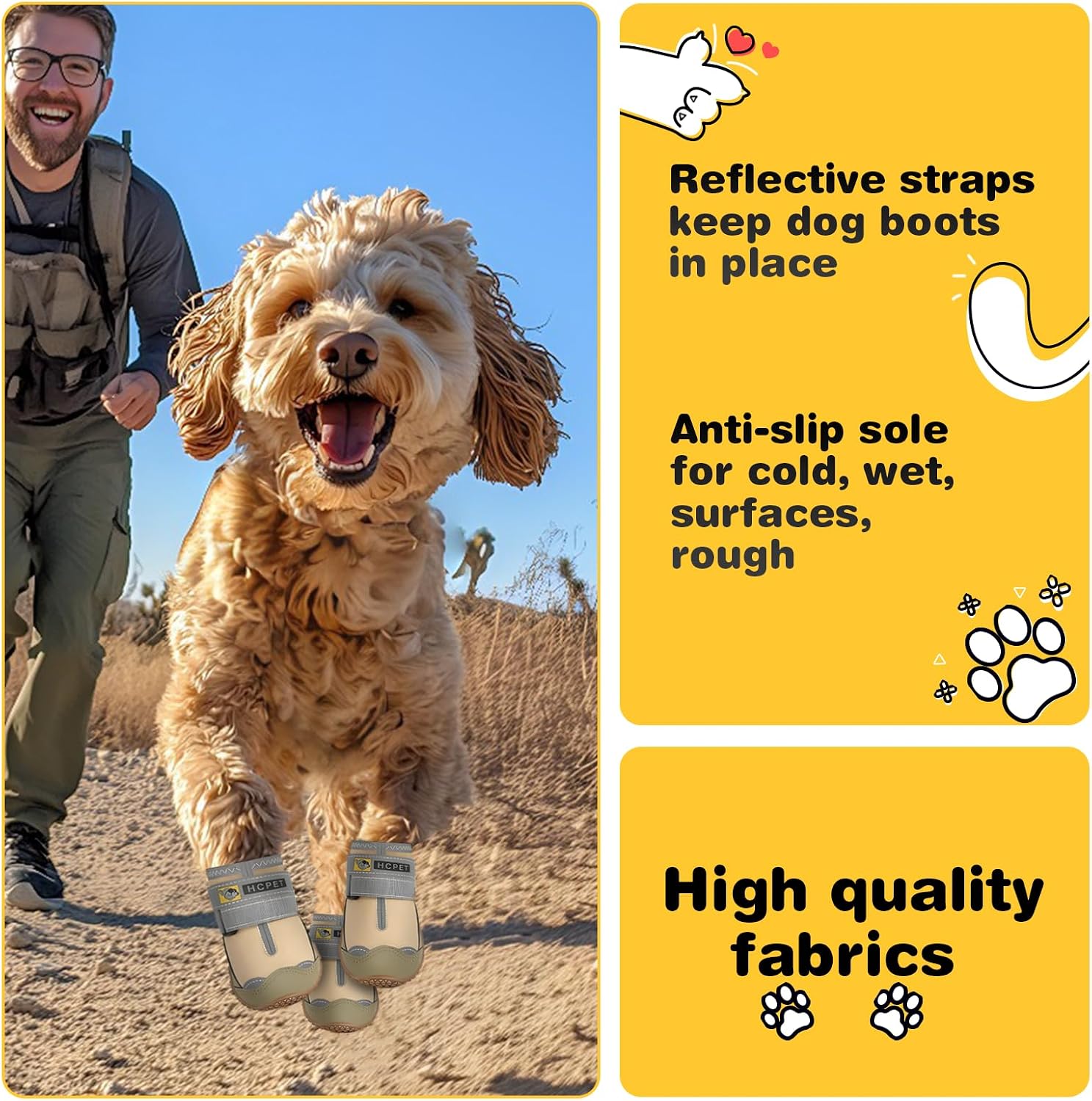 Dog Shoes for Dogs, Dog Booties for Dogs, Anti-Slip Dog Boots & Paw Protectors for Hot Pavement Winter Snow Hiking with Reflective Straps Khaki Size 7, 4PCS